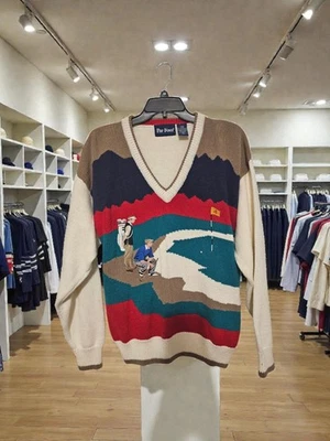 Suéter de punto grande vintage par cuatro para hombre escena de golf cuello en V Foto 1 de 4