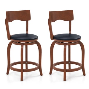 24'' Swivel Bar Stools Set of 2 w/ Rubber Wood Frame Upholstered Seat Footrest - Picture 1 of 9