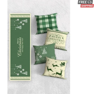 Luxurious Green Christmas Pillow Covers & Table Runner Set - Transform Your Home - Image 1 of 2
