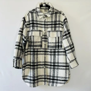 H&M Womens Black White Double Pocket Oversized Plaid Shacket Jacket Size M - Picture 1 of 9
