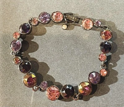 Givenchy Gunmetal Silver Tone Purple & Pink Rhinestone Tennis Bracelet 7.25” - Image 1 of 4