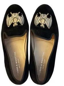 Stubbs & Wooten schwarz Leinen Samt Halbschuhe Fledermaus Hausschuhe Größe 9,5 - Bild 1 von 9
