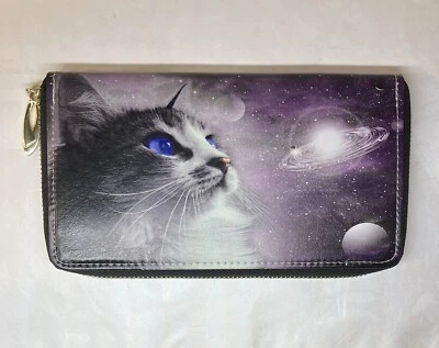Beautiful Purple Eyed Cat In Space Ladies Zip Around Large Wallet - Image 1 of 4