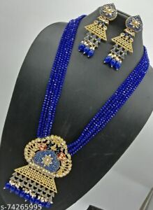 Indian Bollywood Crystal Bead Gold Plated Kundan Long Necklace Pearl JewelrySet