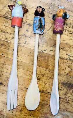RARO Juego de Utensilios de Madera Cerámica Vintage Águila-Oso-Pez VFL9C Foto 1 de 4