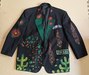 Artisan OOAK Upcycled Hand painted Cactus Flowers Blazer Jacket 25" PTP - Picture 1 of 12