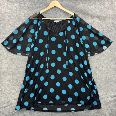 Cato Top Womens Plus 22 / 24W Black Blue Polka Dot Sheer V Neck Mesh Tie Keyhole - Image 1 of 4