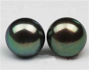 Charming 9-10mm Natural Black Tahitian Pearl Silver Stud Earrings