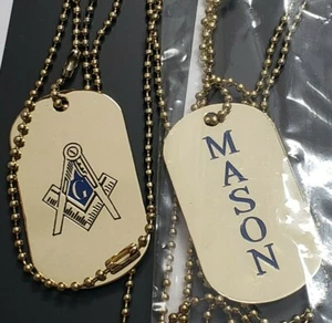 Mason Gold Double-Sided Dog Tag W/Chain Necklace - Masonic GOLD Tone Tags - Picture 1 of 7