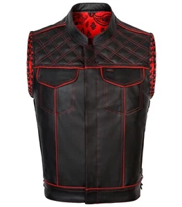 Men's Black Leather Vest Diamond Motorbike Motorcycle Red Concealed Waistcoat - Picture 1 of 7