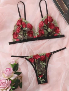 💋 Schwarzes Netz Bralette & freches Höschen 2-teiliges Set mit Rosen Hot Naughty Sissy Sexy S - Bild 1 von 3