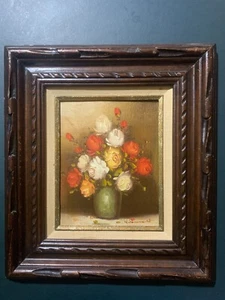Bodegón floral vintage R. Pasanault original enmarcado y firmado en florero al óleo - Imagen 1 de 10