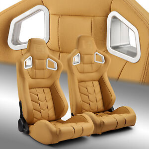 Beige PVC Reclinable Pure Series Sport Racing Seats Pair W/Slider Left/Right