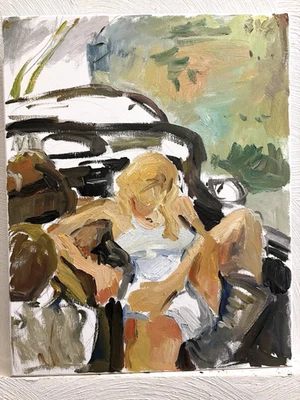 Man And Woman Southwest Cubism Americana Figures In Car Oil On Canvas 16x20 - Image 1 of 3