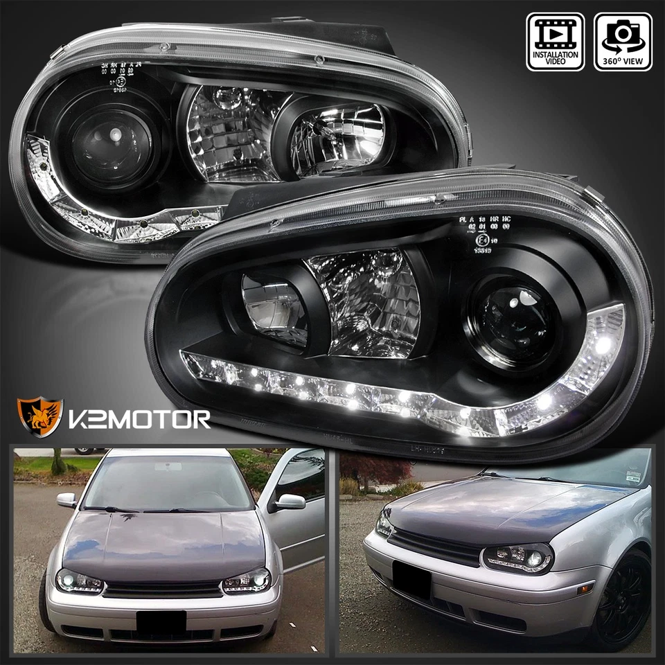 Black Fits 1999-2006 Volkswagen Golf MK4 LED Strip Projector Headlights Lamps Foto 1 de 4