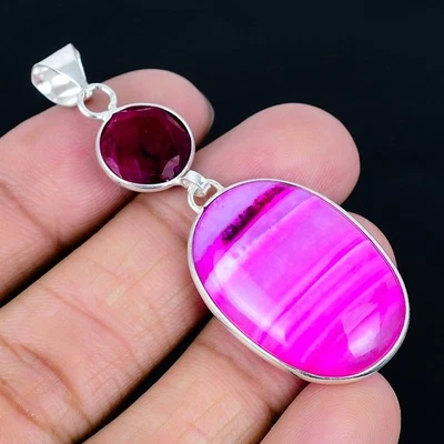 Розовый кружевной агат серебро 925 покрытие ручной работы подвеска 2,45" - Изображение 1 из 3