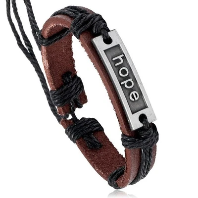 Fashion Retro Woven Leather Bracelet Hope Letter Alloy Hemp Rope Handmade Bangle - Image 1 of 4
