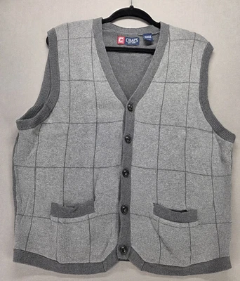 Chaps Sweater Vest Button Up Preppy GrandpaCore Men Large Pockets Gray Geometric - Image 1 of 4