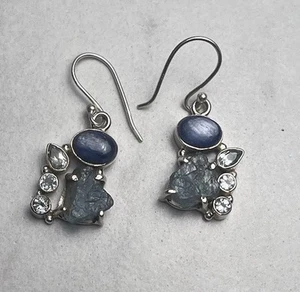 Pendientes colgantes de plata de ley 925 aguamarina áspera topacio azul y gancho de cianita - Imagen 1 de 18