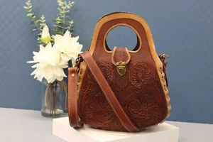 Brown Top Handled Mexican Leather Hand Tooled Floral Basket Weave Purse - Picture 1 of 8