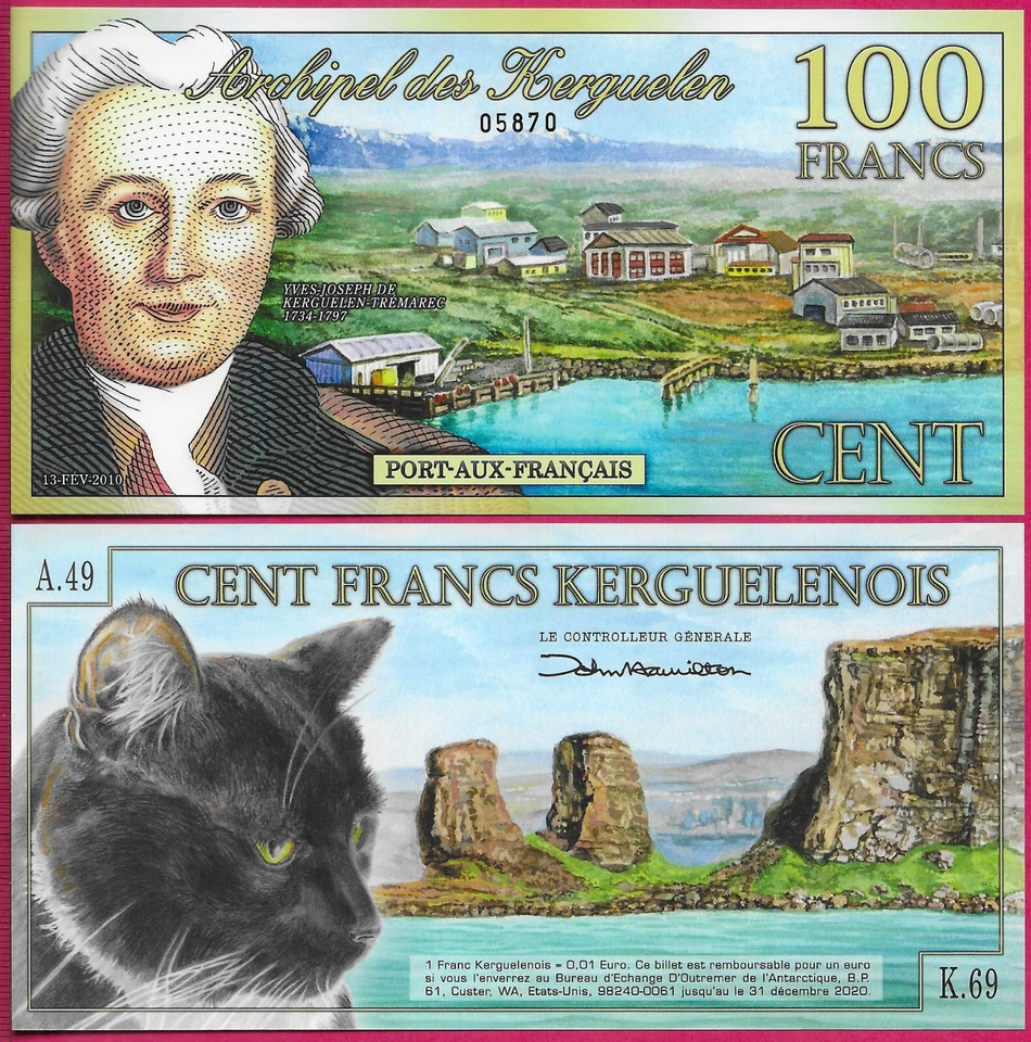 KERGUELEN ISLANDS 100 FRANCS KERGUELENOIS 2010 NEW CAT AND LANDSCAPE,OBVERSE,YVE - Image 1 of 1