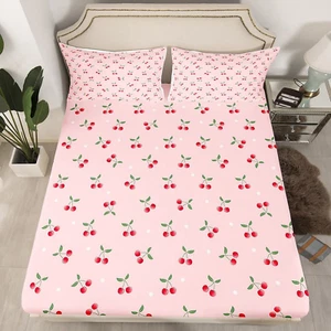 Girls Cherry Bed Sheet Set Cute Fruit Toddler Bedding Sheets Baby Women Pink ... - Picture 1 of 7