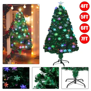 4-7FT Pre Lit Fiber Optic Christmas Tree Hinged with Lights Snowflake Xmas Decor - Picture 1 of 26