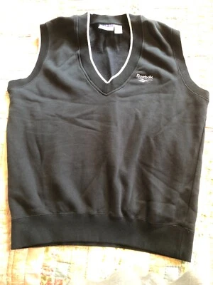 PARA HOMBRES REEBOK SUÉTER CHALECO CUELLO EN V NEGRO CON RIBETE BLANCO USADO EN EXCELENTE ESTADO GRANDE Foto 1 de 4