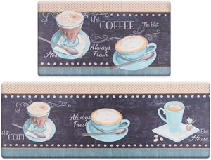 Coffee Theme Kitchen Rug Cushioned Anti-Fatigue Kitchen Floor Matsset 2 Piece - Picture 1 of 8