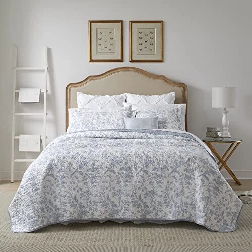 Laura Ashley Amberley Spa Blue Toile Floral King Reversible Cotton Quilt Set 3pc