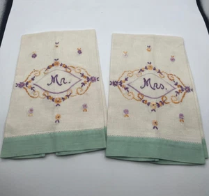 Vintage Hand Embroidered Tea Towels Kitchen Bathroom Linen Mr and Mrs! - Picture 1 of 7