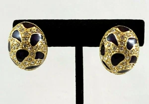 Black Enamel Gold Tone Clip Earrings With Rhinestones-Swavorski? - Picture 1 of 9