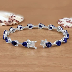 Blue Sapphire Pear Shape Gemstone Tennis Bracelet Lab Created 14k Wh Gold Plated - Picture 1 of 6