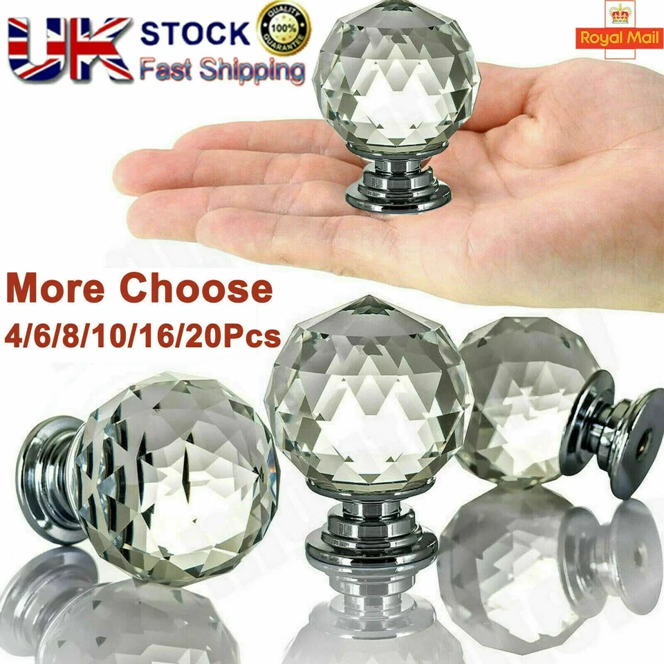 CLEAR CRYSTAL DIAMOND GLASS DOOR KNOBS CUPBOARD DRAWER FURNITURE HANDLE CABINET - Image 1 of 4