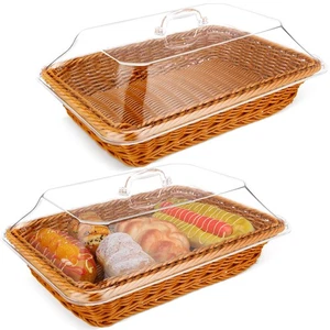2 Pack Wicker Large Bread Basket for Serving with Acrylic Lid Woven Rectangul... - Picture 1 of 6