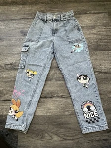 The PowerPuff Girls Justice Easy Fit Jeans Girls Size 10 Acid Washed Mom Cargo - Picture 1 of 11
