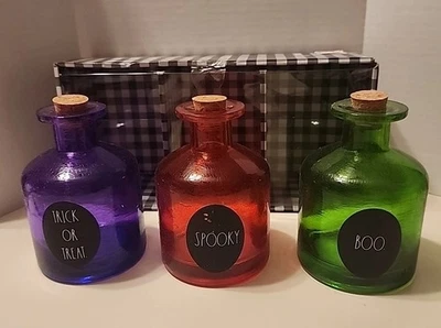 RAE DUNN Halloween Glass Potion Bottle Decor Set of 3 BOO SPOOKY TRICK OR TREAT - Image 1 of 4