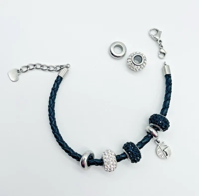 Pulsera de cuero trenzado negro diamantes de imitación dijes acento G FG QVC Foto 1 de 4