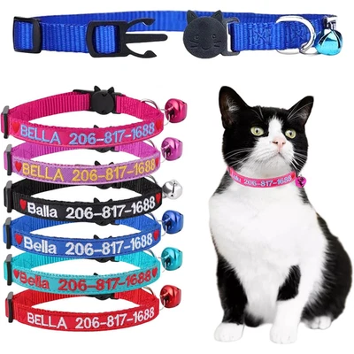 Personalized Cat Collar Kitten Puppy Embroidered Name ID Tag Adjustable And Bell - Image 1 of 4