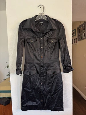 BEBE Shirt Dress Black Cargo Pocket Snap Button Ruffle Size 6 Y2k Millenial Core — 第 1/4 张图片