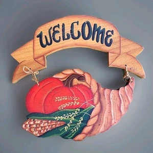 Vtg Hand Painted Wood Hanging Welcome Sign Fall Autumn Cornucopia Signed - Picture 1 of 6