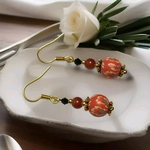 Orange,blue and White Polymer Clay Bead Earrings In Gold Plate.Drop Dangle - Picture 1 of 6