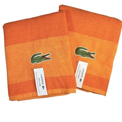 LACOSTE Bath Towel Set of 2 100% Cotton 30x52 Orange Big Crocodile Logo Embroid - Image 1 of 4