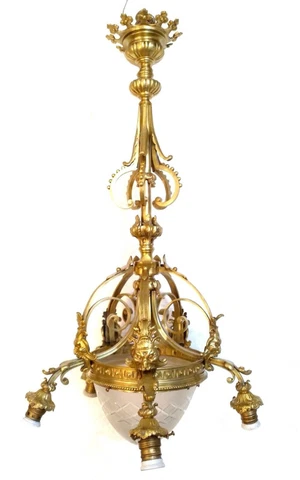 ANTIQUE CHANDELIER LAMP FRENCH GILT BRONZE FIGURAL GOTHIC DEMON EVIL FACES LIGHT Cover
