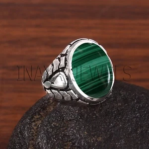 Natural Malachite Stone Men's Gift Ring Solid 925 Sterling Silver Handmade Ring - Picture 1 of 3