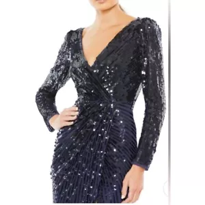 Mac Duggal Sequin Gown Long Sleeve Formal Maxi Dress Slit Navy Blue Size 14 - Picture 1 of 19