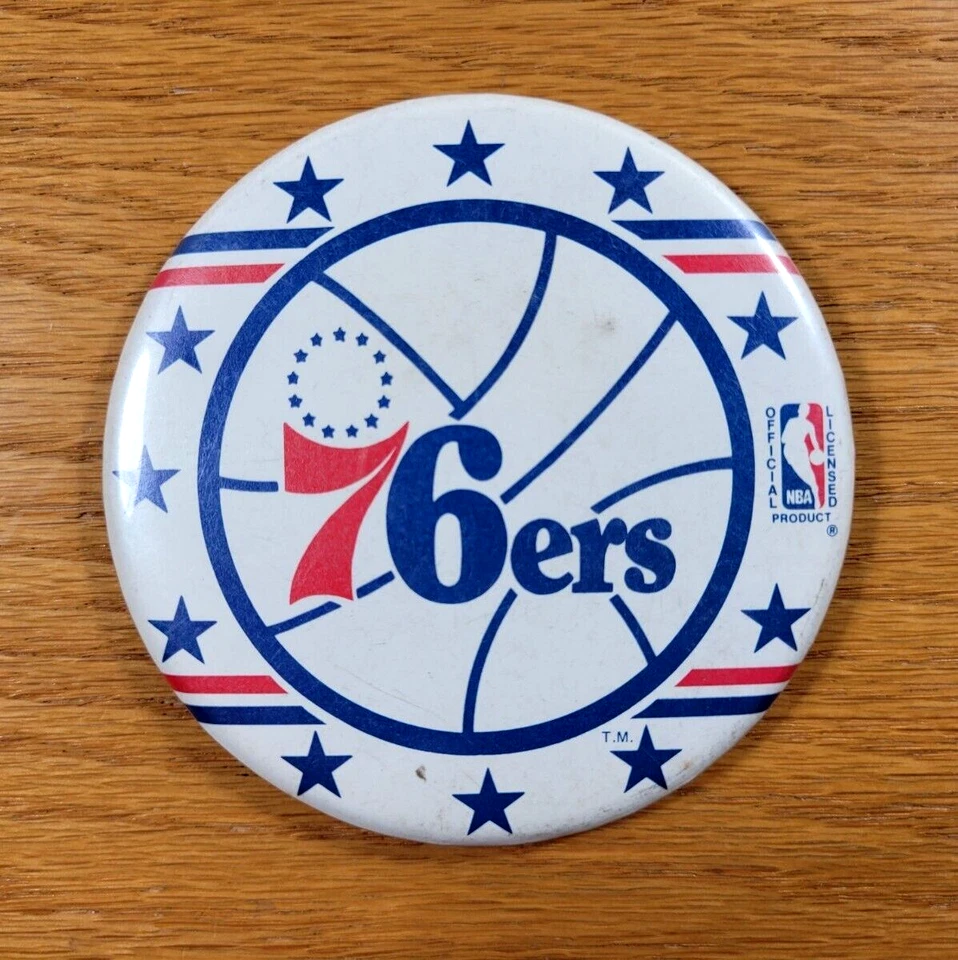 Philadelphia 76ers Pinback Button Vintage White Blue Badge Pin NBA Basketball - Image 1 of 3