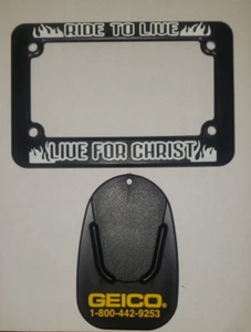 M/C LICENSE PLATE FRAME "RIDE TO LIVE~LIVE FOR CHRIST" & KICKSTAND PAD - NEW - Picture 1 of 6