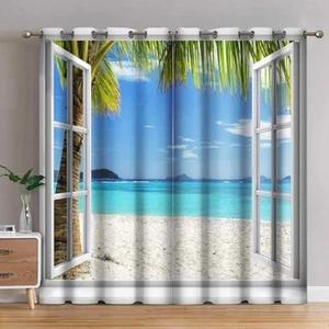 Ocean Beach Palm Trees Blackout Curtains Summer Tropical Island Decor Seas - Picture 1 of 5