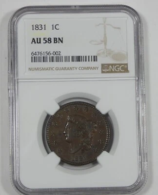 1831 Coronet Head Large Cent CERTIFIED NGC AU 58 BROWN 1c - Image 1 of 4